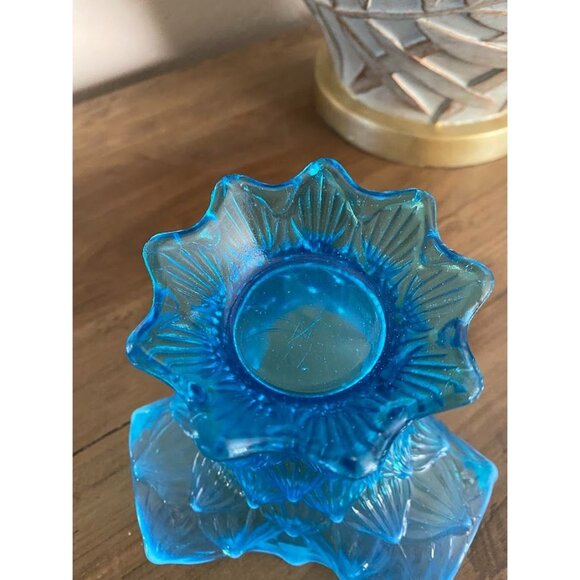 Vintage Dugan Blue Opalescent “Fishscale & Beads” Glass Ruffled Vase (c. 1908–19 - Picture 8 of 8